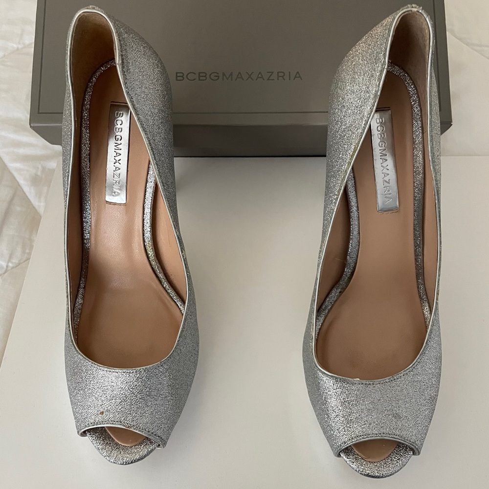 BCBG Maxazria Silver Sparkle Heels 7.5